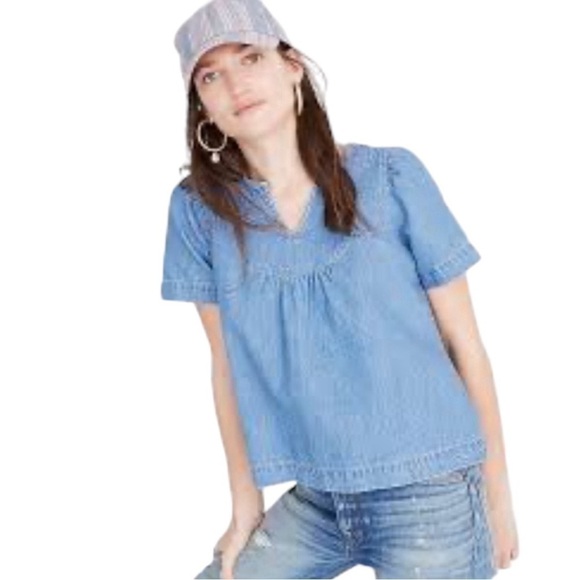 Madewell Denim and Linen Blend Popover Swing Top Short Sleeve - Picture 1 of 10